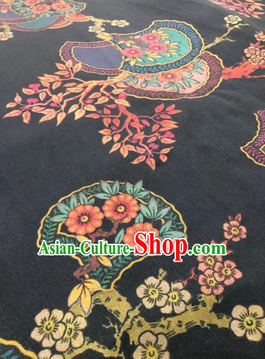 Chinese Classical Fan Flowers Pattern Design Black Gambiered Guangdong Gauze Fabric Asian Traditional Cheongsam Silk Material