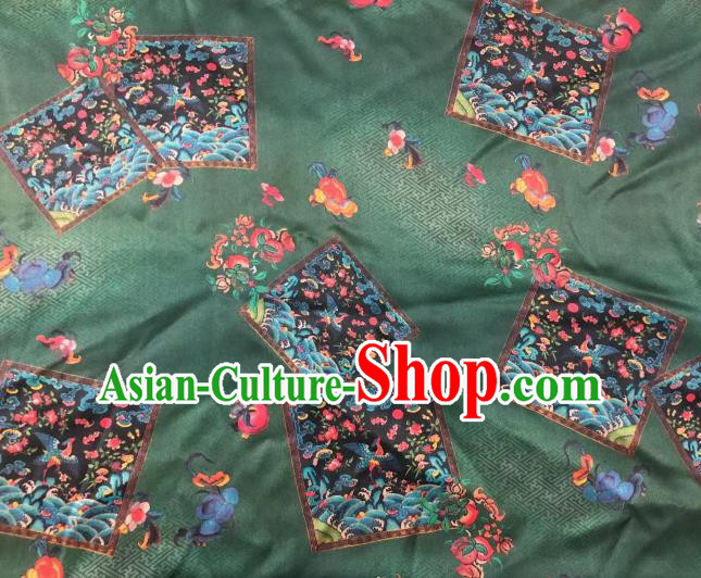 Chinese Classical Crane Bat Pattern Design Deep Green Gambiered Guangdong Gauze Fabric Asian Traditional Cheongsam Silk Material