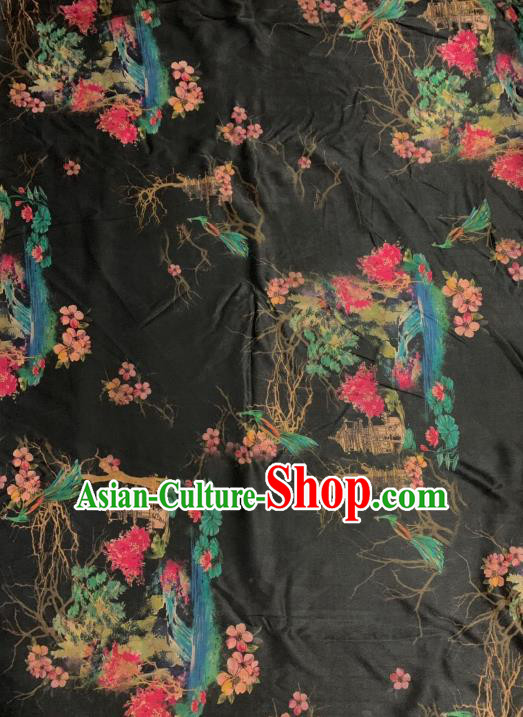 Chinese Classical Flowers Pattern Design Black Gambiered Guangdong Gauze Fabric Asian Traditional Cheongsam Silk Material