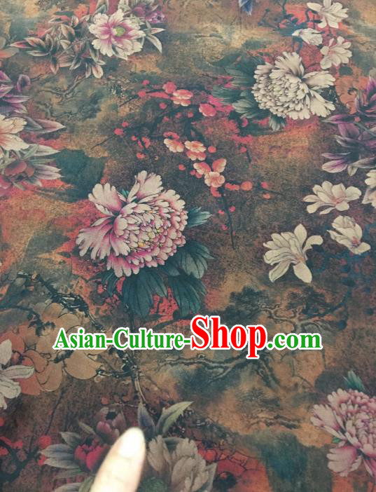 Chinese Classical Peony Flowers Pattern Design Brown Gambiered Guangdong Gauze Fabric Asian Traditional Cheongsam Silk Material