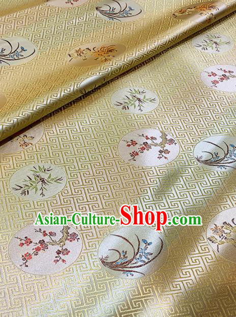 Chinese Classical Plum Orchid Bamboo Chrysanthemum Pattern Design Golden Brocade Fabric Asian Traditional Satin Tang Suit Silk Material