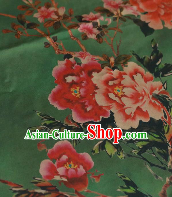 Chinese Classical Peony Pattern Design Green Gambiered Guangdong Gauze Fabric Asian Traditional Cheongsam Silk Material