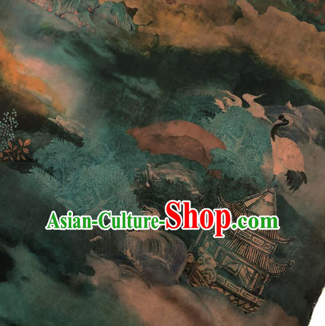 Chinese Classical Crane Pavilion Pattern Design Deep Green Gambiered Guangdong Gauze Fabric Asian Traditional Cheongsam Silk Material