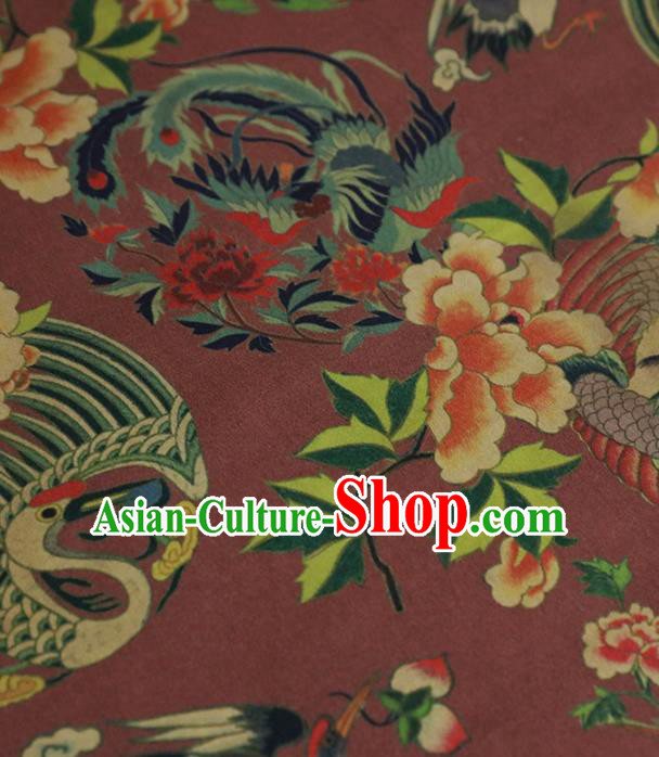 Chinese Classical Crane Peach Pattern Design Wine Red Gambiered Guangdong Gauze Fabric Asian Traditional Cheongsam Silk Material