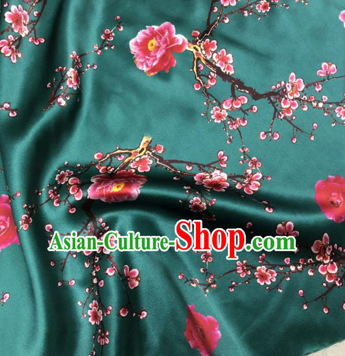 Chinese Classical Plum Blossom Pattern Design Deep Green Gambiered Guangdong Gauze Fabric Asian Traditional Cheongsam Silk Material