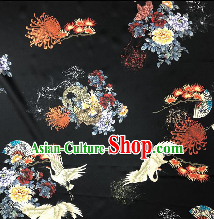 Chinese Classical Crane Peony Pattern Design Black Gambiered Guangdong Gauze Fabric Asian Traditional Cheongsam Silk Material