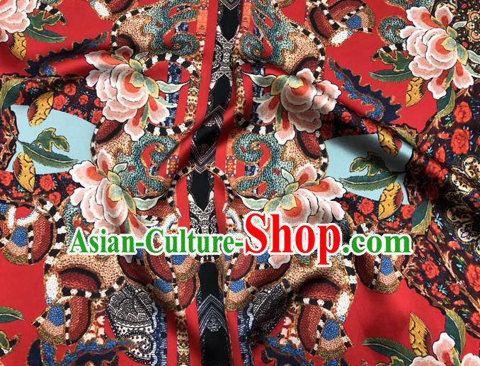 Chinese Classical Peony Pattern Design Red Gambiered Guangdong Gauze Fabric Asian Traditional Cheongsam Silk Material