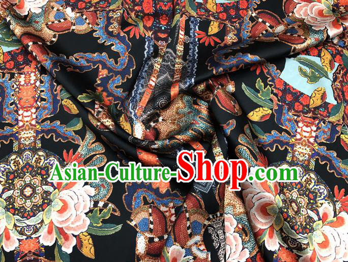 Chinese Classical Peony Pattern Design Black Gambiered Guangdong Gauze Fabric Asian Traditional Cheongsam Silk Material