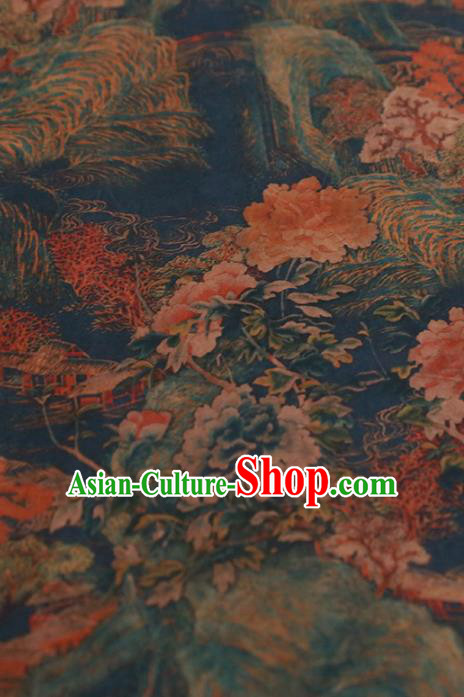 Chinese Classical Landscape Pattern Design Blue Gambiered Guangdong Gauze Fabric Asian Traditional Cheongsam Silk Material