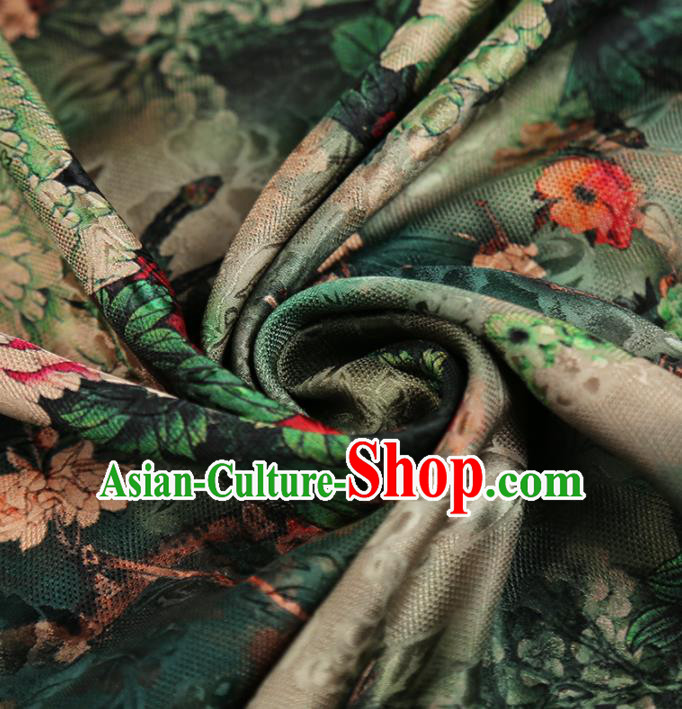 Chinese Classical Peony Pattern Design Deep Green Mulberry Silk Fabric Asian Traditional Cheongsam Silk Material