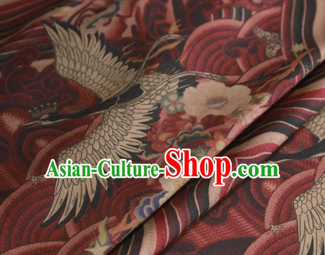 Chinese Classical Wave Crane Pattern Design Dark Red Gambiered Guangdong Gauze Fabric Asian Traditional Cheongsam Silk Material