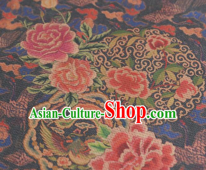 Chinese Classical Phoenix Peony Pattern Design Navy Gambiered Guangdong Gauze Fabric Asian Traditional Cheongsam Silk Material