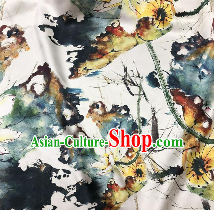 Chinese Classical Lotus Pattern Design White Gambiered Guangdong Gauze Fabric Asian Traditional Cheongsam Silk Material