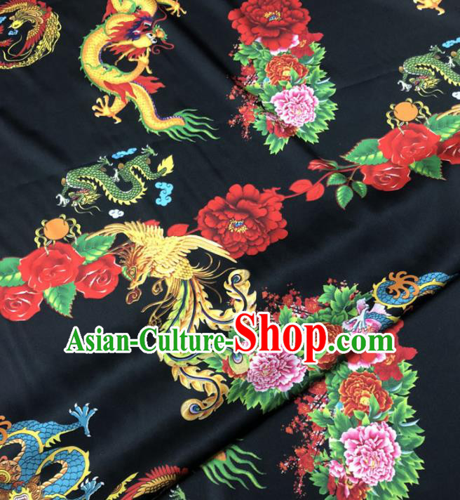 Chinese Classical Dragon Phoenix Peony Pattern Design Black Gambiered Guangdong Gauze Fabric Asian Traditional Cheongsam Silk Material