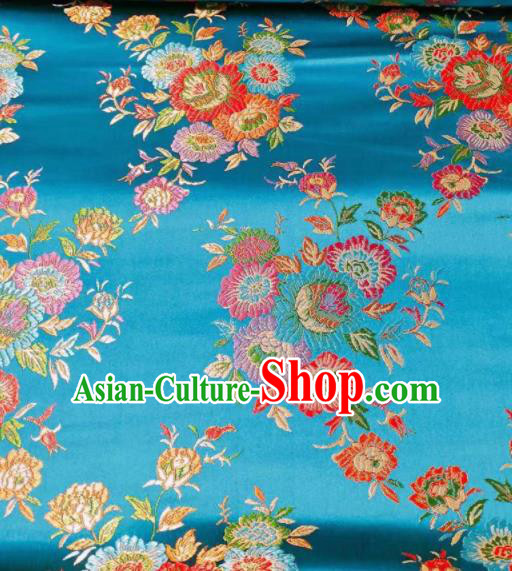 Chinese Classical Royal Flowers Pattern Design Blue Brocade Fabric Asian Traditional Satin Tang Suit Silk Material