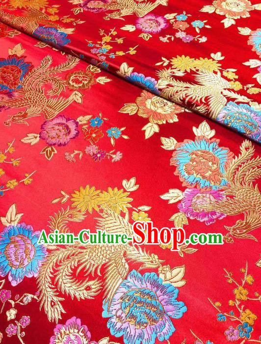 Chinese Classical Royal Phoenix Peony Pattern Design Red Brocade Fabric Asian Traditional Satin Tang Suit Silk Material