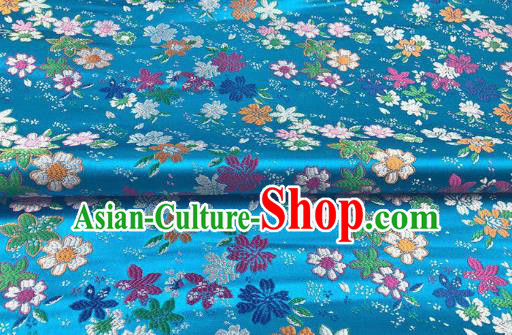 Japanese Kimono Classical Florescence Pattern Design Blue Brocade Fabric Asian Traditional Satin Silk Material