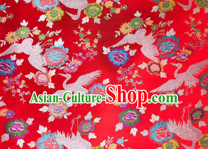 Japanese Kimono Classical Crane Plum Pattern Design Red Brocade Fabric Asian Traditional Satin Silk Material