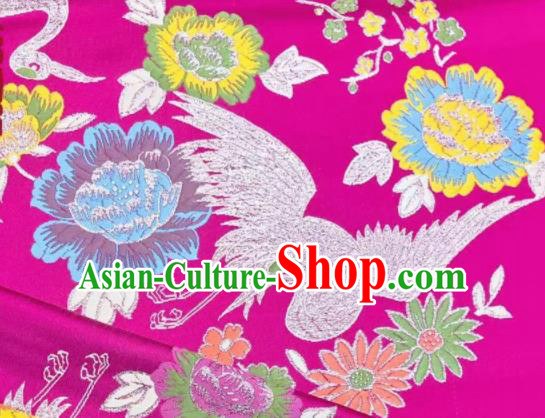 Japanese Kimono Classical Crane Plum Pattern Design Rosy Brocade Fabric Asian Traditional Satin Silk Material