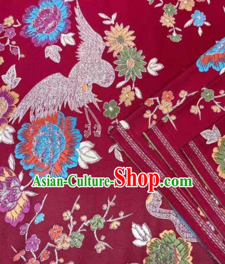 Japanese Kimono Classical Crane Plum Pattern Design Purplish Red Brocade Fabric Asian Traditional Satin Silk Material