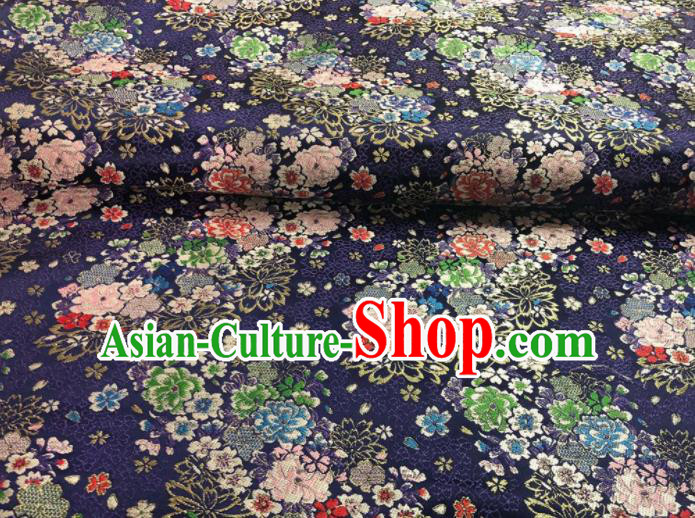 Japanese Classical Floral Flowers Pattern Design Navy Brocade Fabric Asian Traditional Satin Silk Material