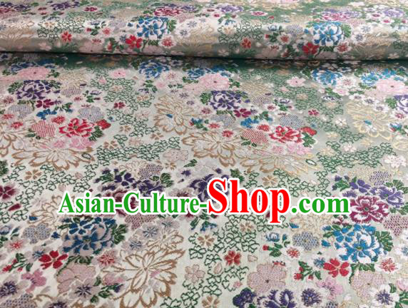 Japanese Classical Floral Flowers Pattern Design Light Green Brocade Fabric Asian Traditional Satin Silk Material