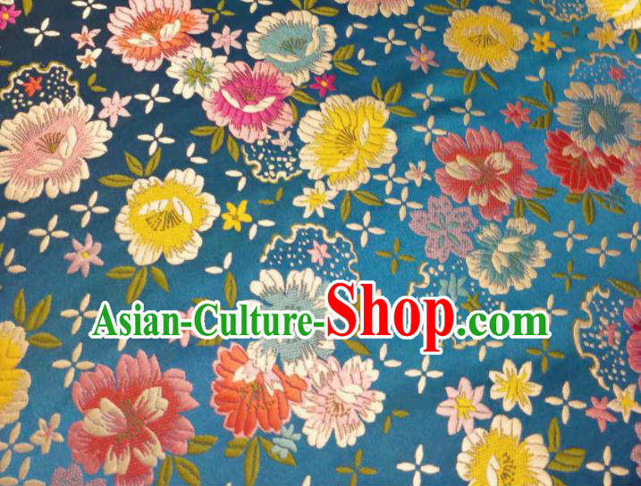 Chinese Classical Beautiful Flowers Pattern Design Lake Blue Brocade Fabric Asian Traditional Satin Silk Material