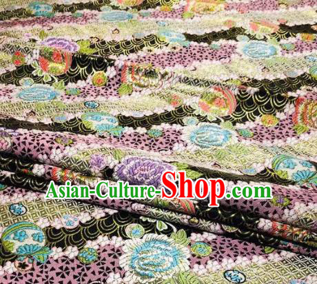 Japanese Classical Peony Pattern Design Black Brocade Fabric Asian Traditional Satin Silk Material