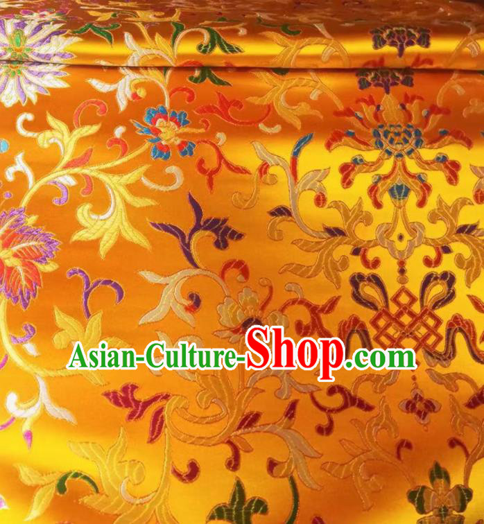 Chinese Royal Twine Floral Pattern Design Golden Brocade Fabric Asian Traditional Satin Silk Material