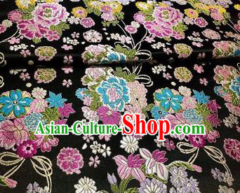 Chinese Royal Daisy Peony Pattern Design Black Brocade Fabric Asian Traditional Satin Silk Material