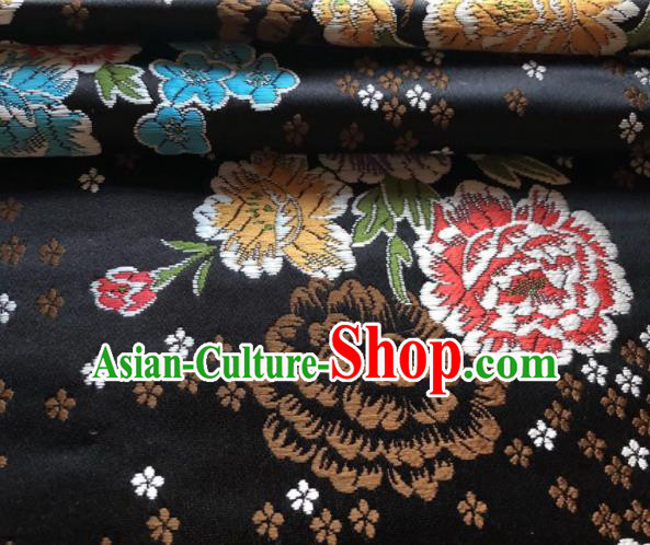 Chinese Classical Embroidered Peony Pattern Design Black Brocade Fabric Asian Traditional Satin Silk Material