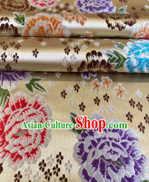 Chinese Classical Embroidered Peony Pattern Design Light Golden Brocade Fabric Asian Traditional Satin Silk Material