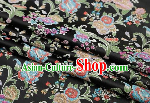 Chinese Classical Flourish Flowers Pattern Design Black Brocade Fabric Asian Traditional Satin Silk Material