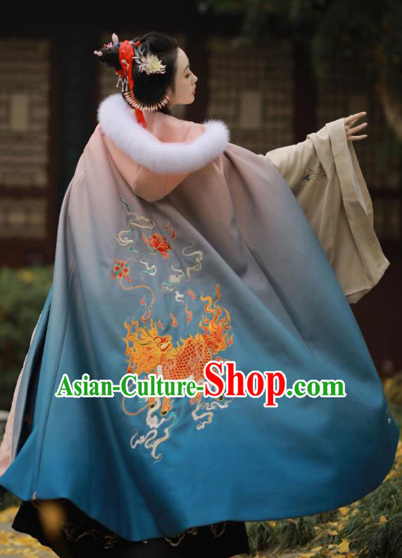 Chinese Ancient Princess Embroidered Kylin Blue Cloak Traditional Ming Dynasty Court Lady Costume for Women