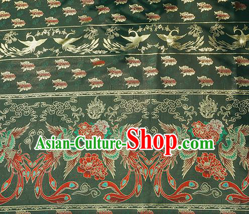 Chinese Royal Phoenix Peony Pattern Design Dark Green Brocade Fabric Asian Traditional Horse Face Skirt Satin Silk Material