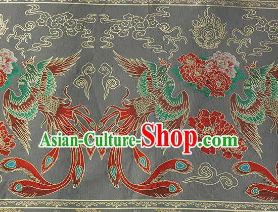 Chinese Royal Phoenix Peony Pattern Design Grey Brocade Fabric Asian Traditional Horse Face Skirt Satin Silk Material