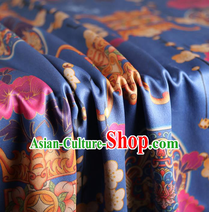 Chinese Classical Plum Quadripod Pattern Design Blue Satin Fabric Asian Traditional Cheongsam Silk Material