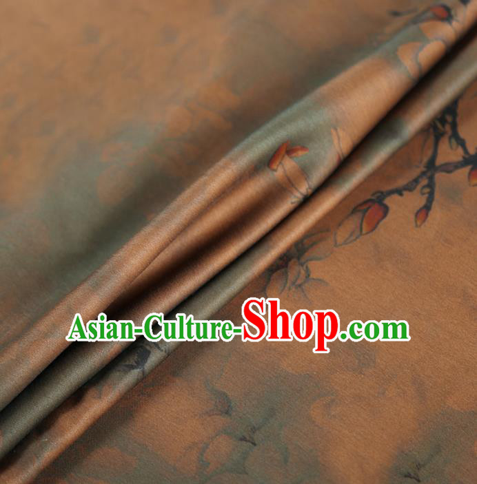 Chinese Classical Yulan Magnolia Pattern Design Brown Gambiered Guangdong Gauze Fabric Asian Traditional Cheongsam Silk Material