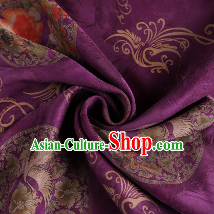 Chinese Classical Crane Peony Pattern Design Purple Gambiered Guangdong Gauze Fabric Asian Traditional Cheongsam Silk Material