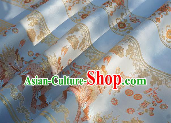 Chinese Royal Kylin Pattern Design Light Blue Brocade Fabric Asian Traditional Horse Face Skirt Satin Silk Material