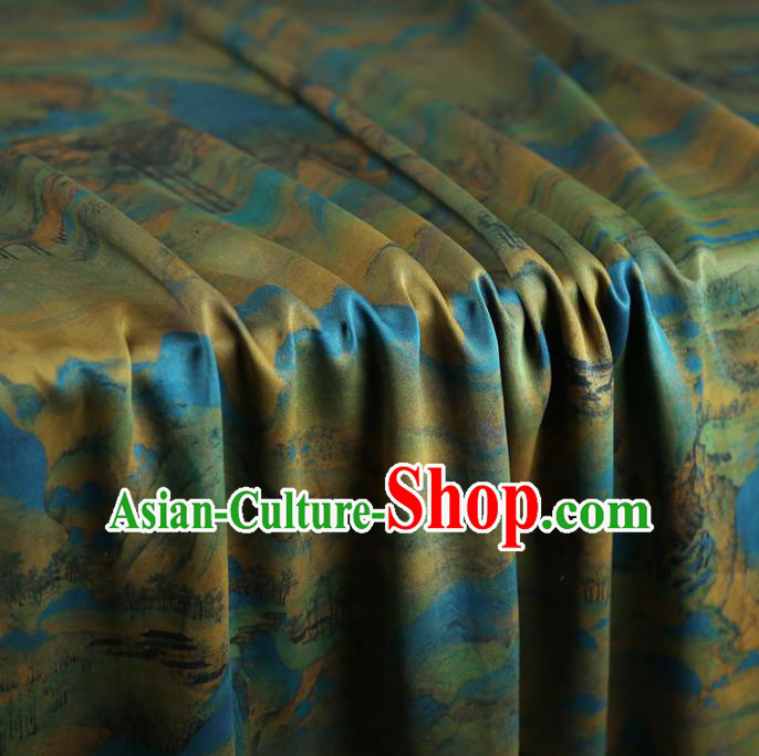 Chinese Classical Landscape Pattern Design Green Gambiered Guangdong Gauze Fabric Asian Traditional Cheongsam Silk Material