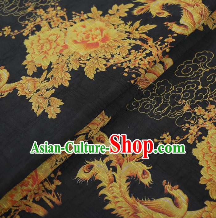 Chinese Classical Phoenix Peony Pattern Design Black Gambiered Guangdong Gauze Fabric Asian Traditional Cheongsam Silk Material
