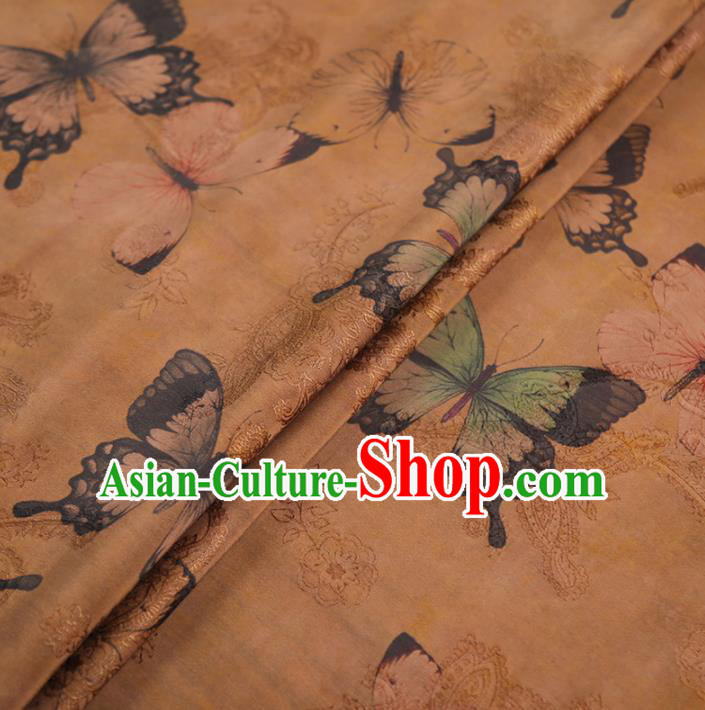 Chinese Classical Butterfly Pattern Design Light Brown Gambiered Guangdong Gauze Fabric Asian Traditional Cheongsam Silk Material