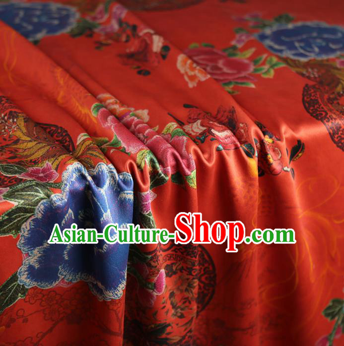 Chinese Classical Printing Peony Pattern Design Red Gambiered Guangdong Gauze Fabric Asian Traditional Cheongsam Silk Material