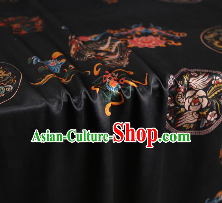 Chinese Classical Crane Peony Pattern Design Black Gambiered Guangdong Gauze Fabric Asian Traditional Cheongsam Silk Material