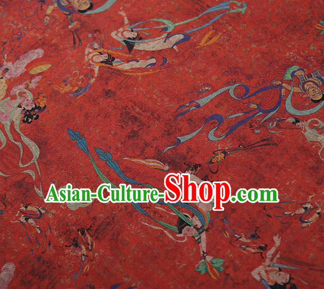 Chinese Classical Printing Flying God Pattern Design Red Gambiered Guangdong Gauze Fabric Asian Traditional Cheongsam Silk Material