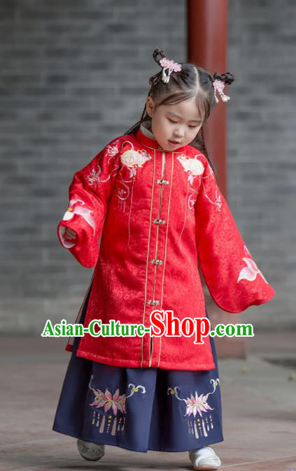 Chinese Traditional Girls Embroidered Red Hanfu Dress Ancient Ming Dynasty Princess Costume for Kids