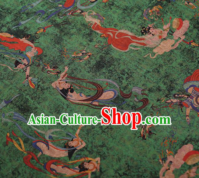 Chinese Classical Printing Flying God Pattern Design Green Gambiered Guangdong Gauze Fabric Asian Traditional Cheongsam Silk Material