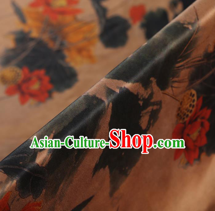 Chinese Classical Printing Lotus Pattern Design Brown Gambiered Guangdong Gauze Fabric Asian Traditional Cheongsam Silk Material