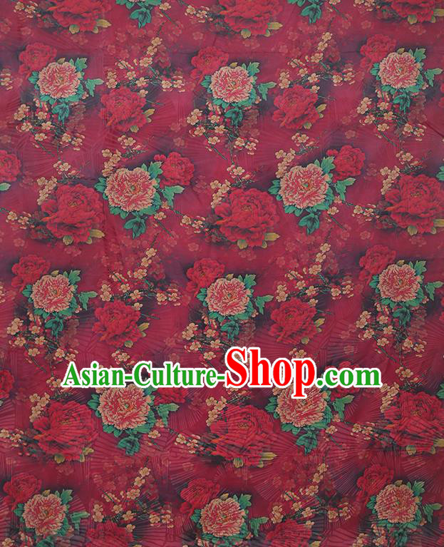 Chinese Classical Printing Peony Pattern Design Wine Red Gambiered Guangdong Gauze Fabric Asian Traditional Cheongsam Silk Material